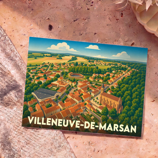 Carte postale souvenir de la ville de Villeneuve-de-Marsan avec une illustration aérienne colorée.