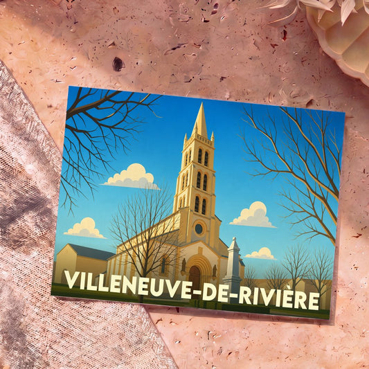 Carte postale souvenir de la ville de Villeneuve-de-Rivière avec une illustration stylisée de son église.