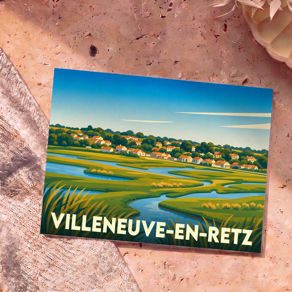 Carte postale souvenir de la ville de Villeneuve-en-Retz illustrant un paysage de marais stylisé.