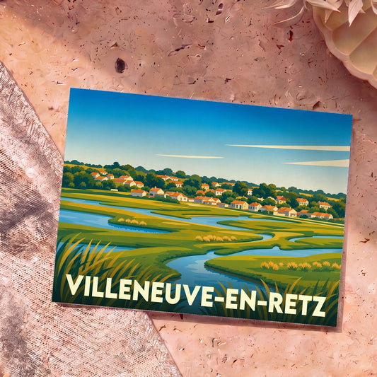 Carte postale souvenir de la ville de Villeneuve-en-Retz illustrant un paysage de marais stylisé.