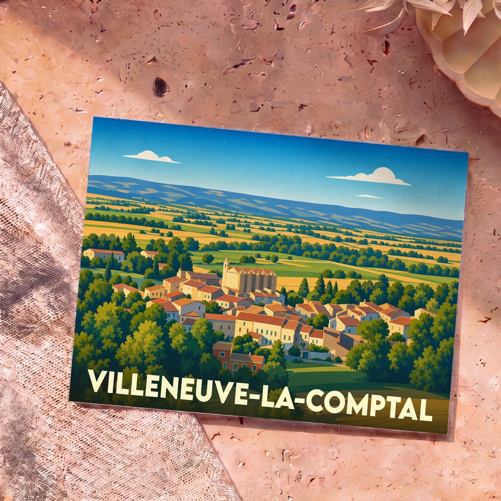 Carte postale souvenir de la ville de Villeneuve-la-Comptal avec une illustration stylisée de son paysage vallonné.