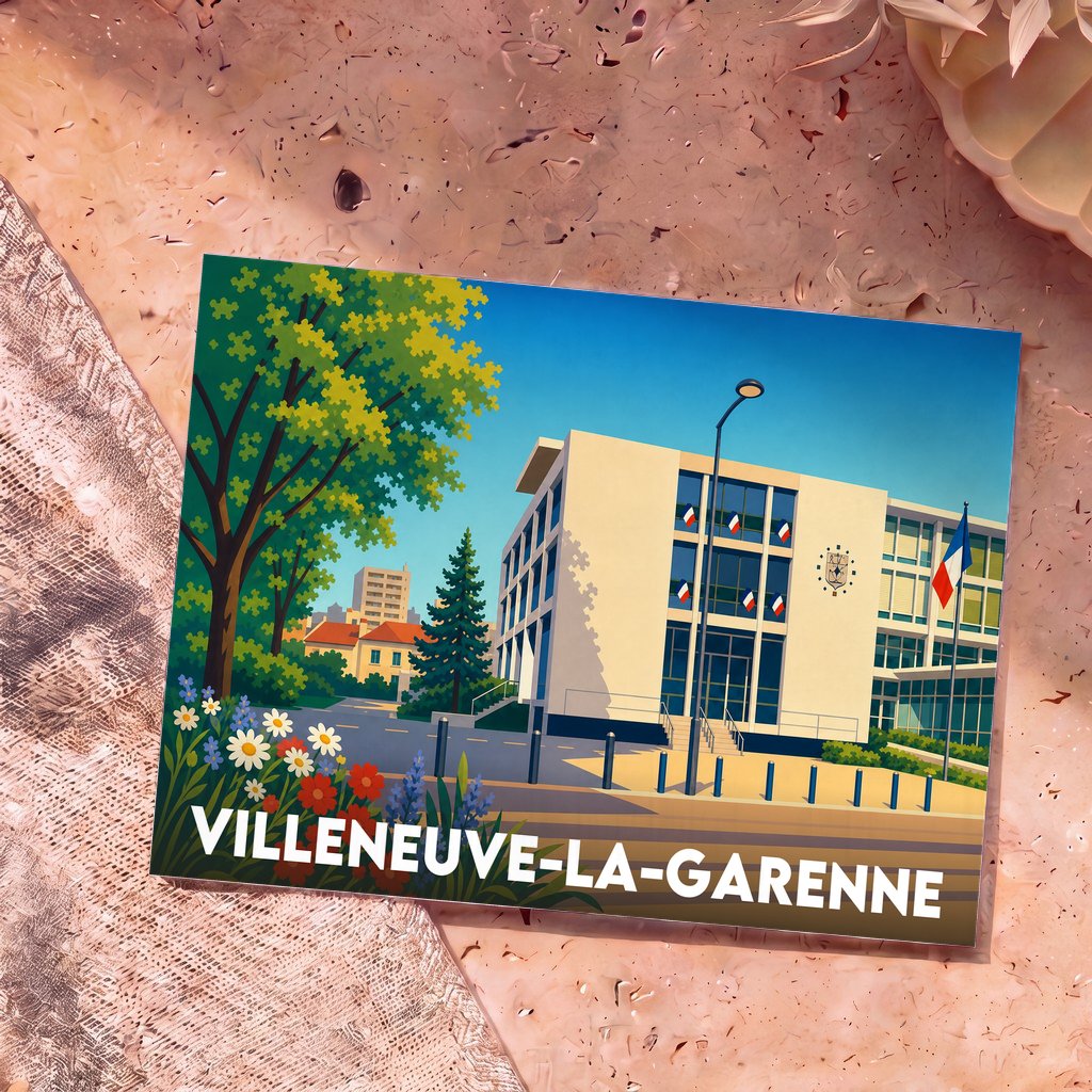 Carte postale souvenir de Villeneuve-la-Garenne illustrant l'hôtel de ville dans un style graphique épuré.