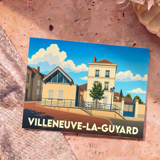 Carte postale souvenir de la ville de Villeneuve-la-Guyard avec une illustration stylisée de ses bâtiments.