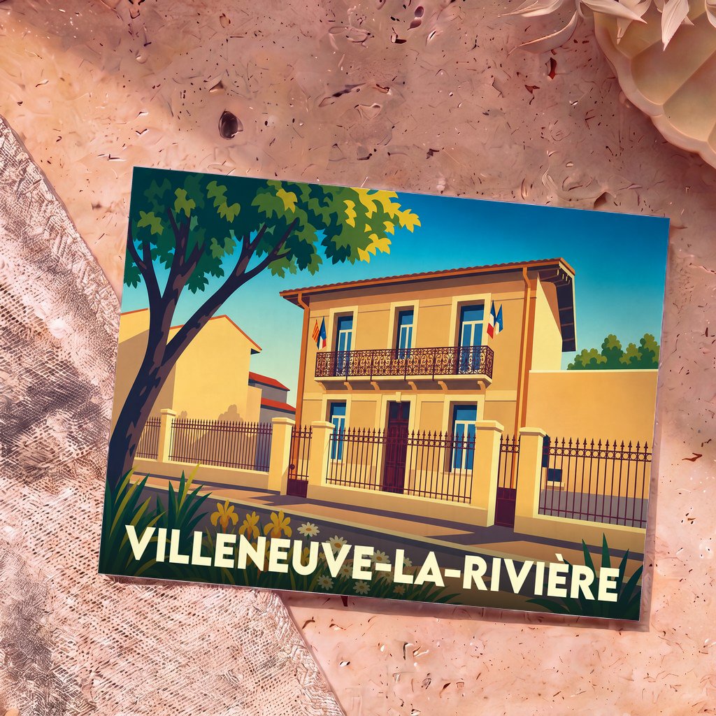 Carte postale souvenir de la ville de Villeneuve-la-Rivière avec une illustration stylisée de la mairie.