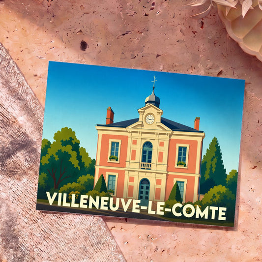 Carte postale souvenir de la ville de Villeneuve-le-Comte représentant son hôtel de ville dans un style graphique épuré.