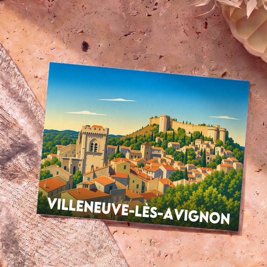 Carte postale souvenir de Villeneuve-lès-Avignon avec une illustration stylisée de ses monuments historiques et de ses toits provençaux.
