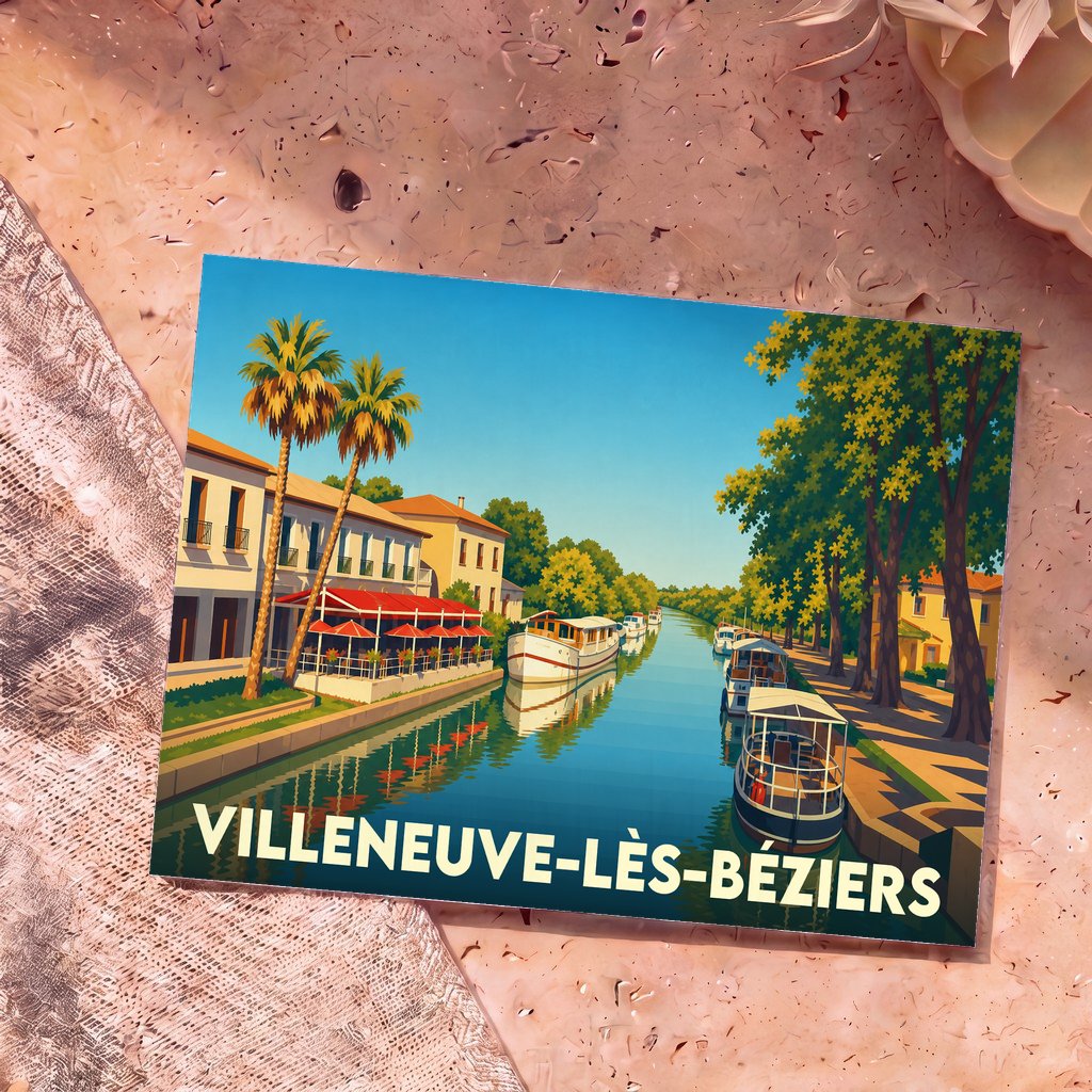 Carte postale souvenir de Villeneuve-lès-Béziers illustrant les berges ensoleillées du Canal du Midi avec ses péniches et ses palmiers.
