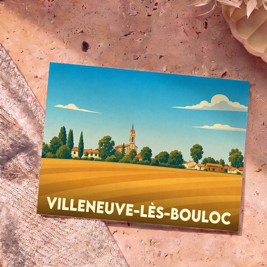Carte postale souvenir de Villeneuve-lès-Bouloc avec une illustration stylisée d'un paysage champêtre.