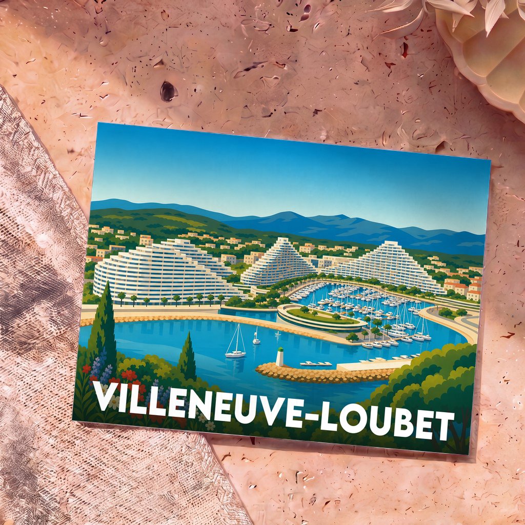 Carte postale souvenir de la ville de Villeneuve-Loubet représentant le port et ses célèbres résidences en forme de pyramides.