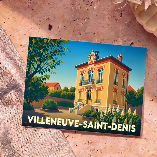 Carte postale souvenir de la ville de Villeneuve-Saint-Denis avec une illustration stylisée de sa mairie.