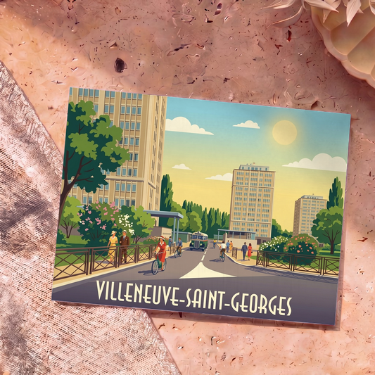 Carte postale souvenir de la ville de Villeneuve-Saint-Georges avec une illustration stylisée et colorée.