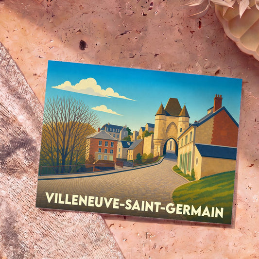 Carte postale souvenir de la ville de Villeneuve-Saint-Germain illustrée par un paysage urbain médiéval stylisé.