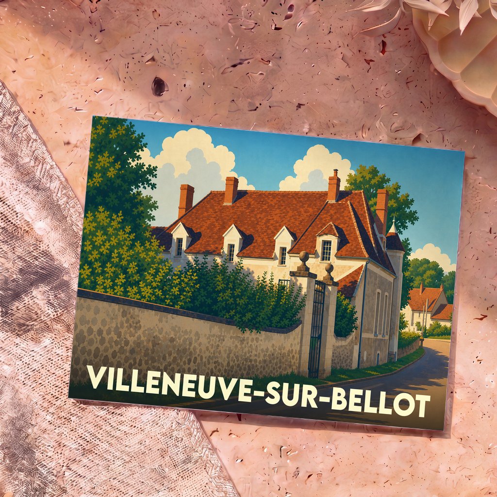 Carte postale souvenir de Villeneuve-sur-Bellot avec une illustration stylisée d'une demeure traditionnelle.