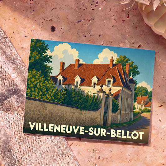 Carte postale souvenir de Villeneuve-sur-Bellot avec une illustration stylisée d'une demeure traditionnelle.