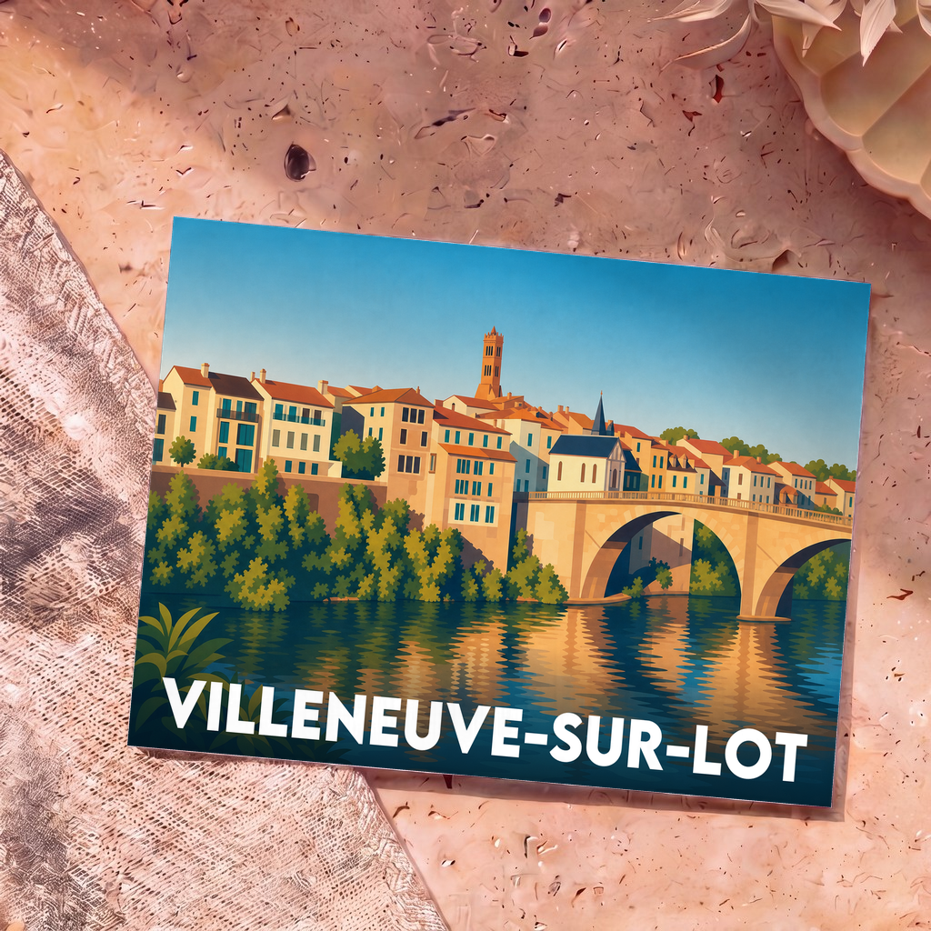 Carte postale souvenir de la ville de Villeneuve-sur-Lot avec une illustration stylisée des bords du Lot.