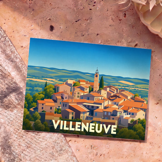 Carte postale souvenir de la ville de Villeneuve avec une illustration stylisée et colorée.