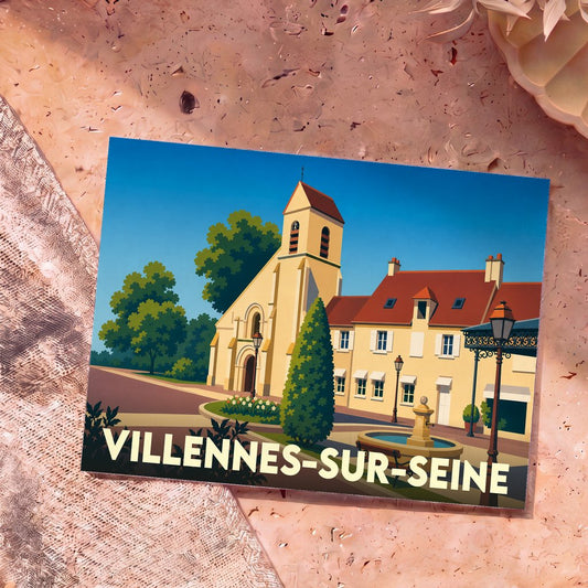 Carte postale souvenir de la ville de Villennes-sur-Seine avec une illustration stylisée de son église et de sa place.