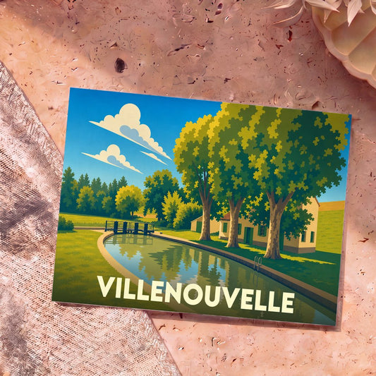 Carte postale souvenir de la ville de Villenouvelle illustrant un canal paisible bordé d'arbres dans un style graphique épuré.