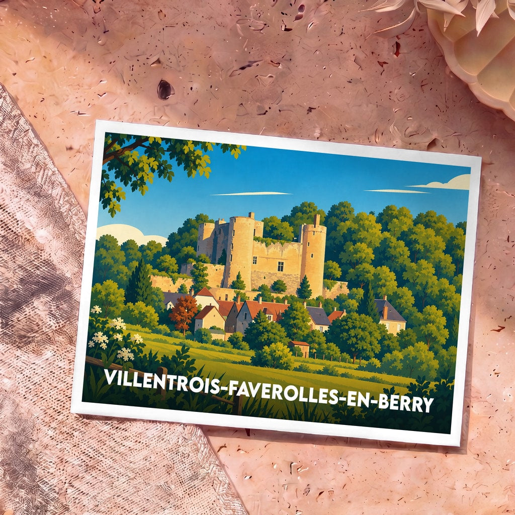 Carte postale souvenir de la ville de Villentrois-Faverolles-en-Berry illustrant son château et ses maisons dans un style rétro.