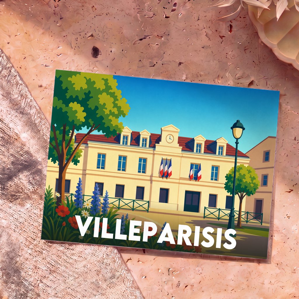 Carte postale souvenir de la ville de Villeparisis avec une illustration stylisée de son hôtel de ville.