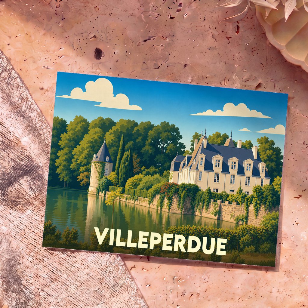 Carte postale souvenir de la ville de Villeperdue illustrant un château au bord de l'eau dans un style graphique.
