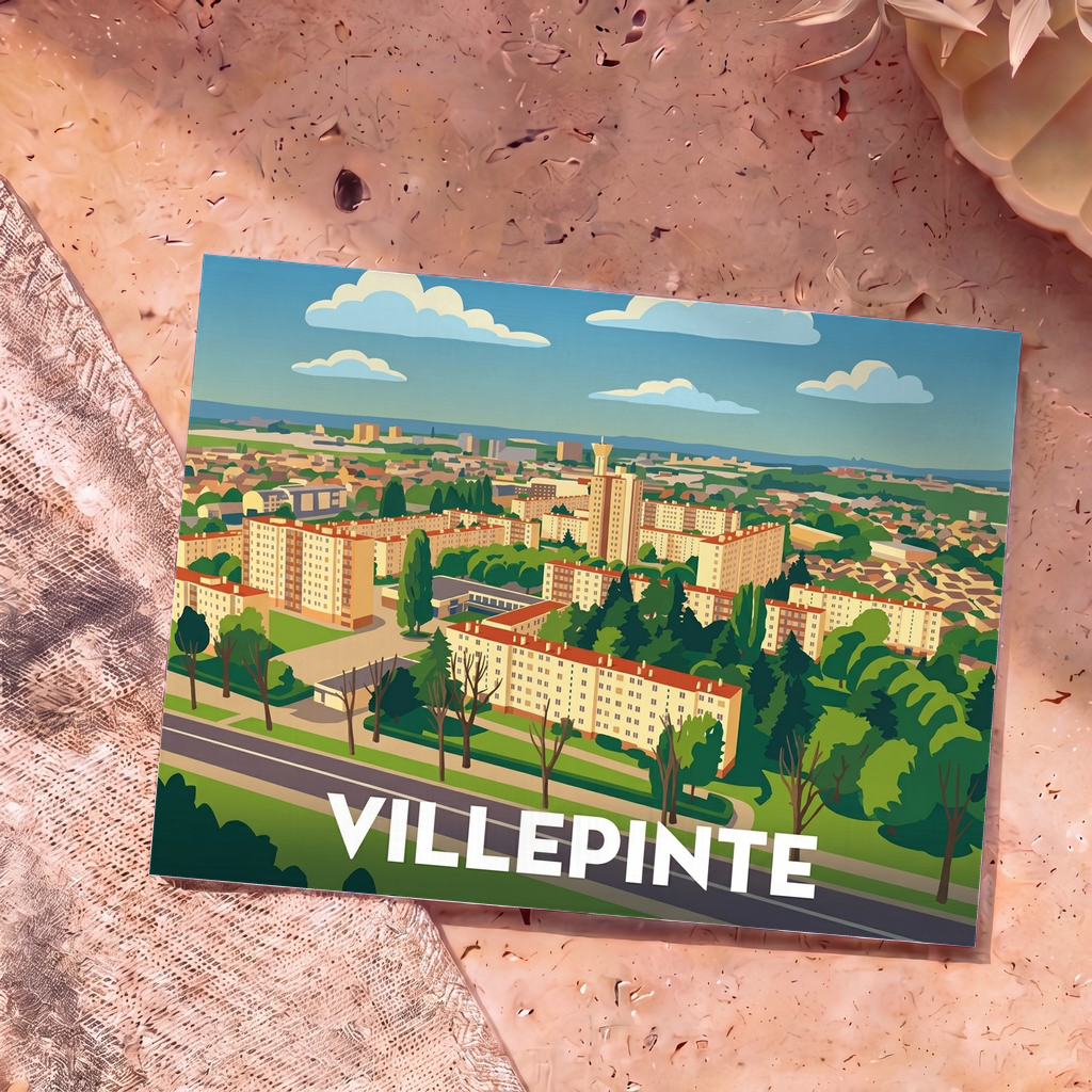 Carte postale souvenir de la ville de Villepinte avec une illustration stylisée et colorée de son paysage urbain.