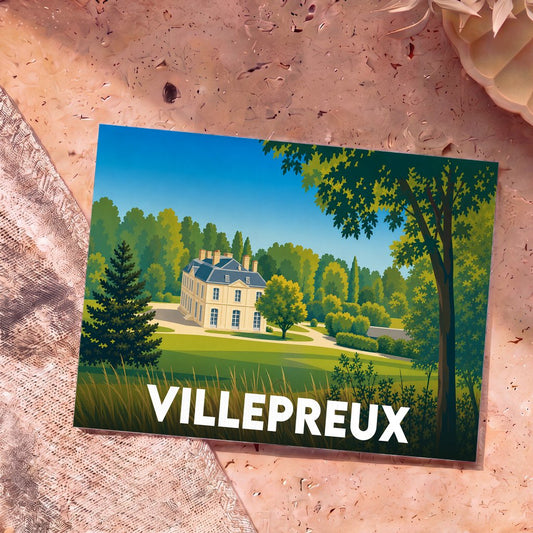 Carte postale souvenir de la ville de Villepreux avec une illustration stylisée de son château dans un parc verdoyant.