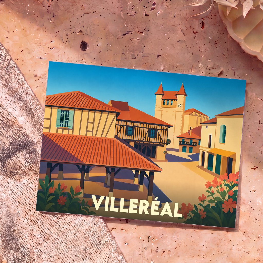 Carte postale souvenir de la ville de Villeréal avec une illustration stylisée de sa halle médiévale et de son église.