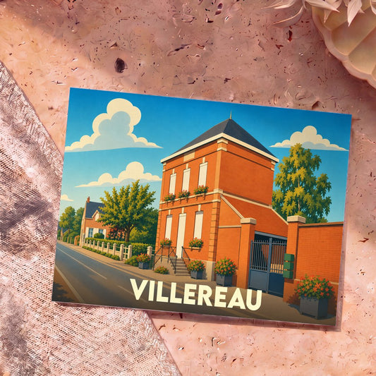 Carte postale souvenir de la ville de Villereau avec une illustration stylisée d'une maison en briques.