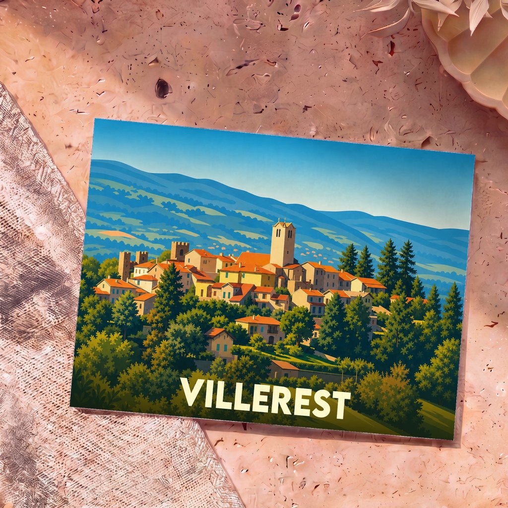 Carte postale souvenir de la ville de Villerest avec une illustration stylisée d'un village perché.