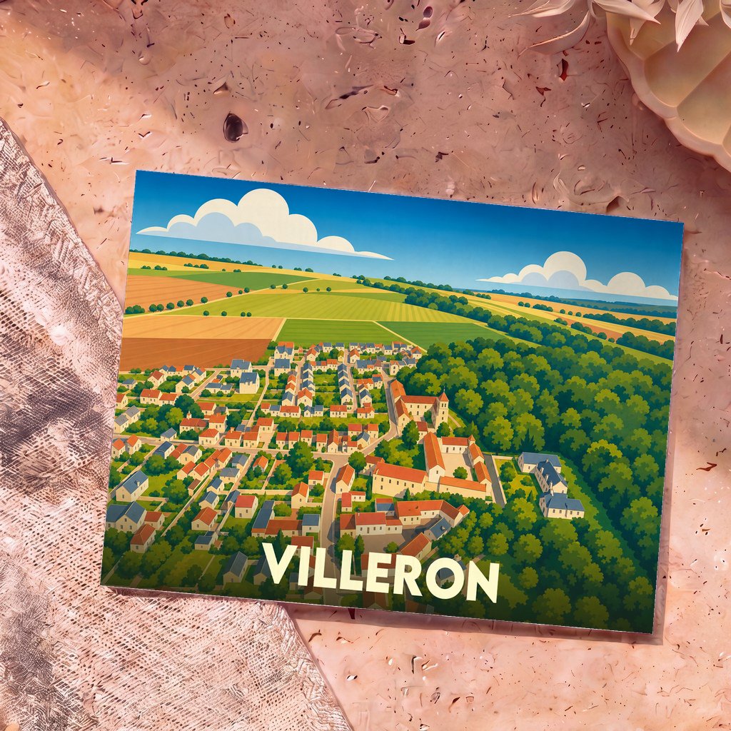 Carte postale souvenir de la ville de Villeron avec une illustration stylisée vue du ciel.