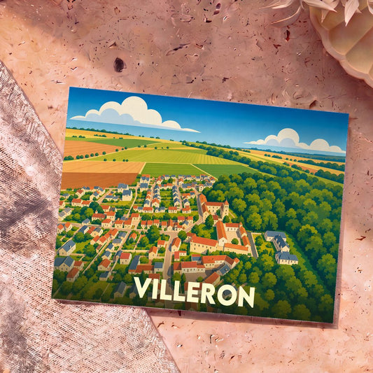 Carte postale souvenir de la ville de Villeron avec une illustration stylisée vue du ciel.