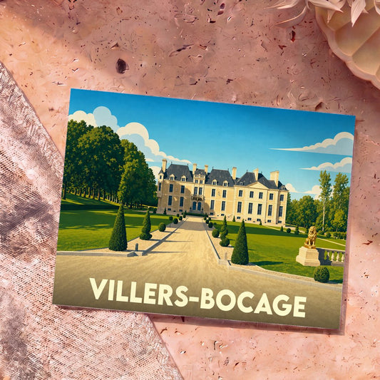 Carte postale souvenir de la ville de Villers-Bocage illustrant un château majestueux dans un style graphique épuré.