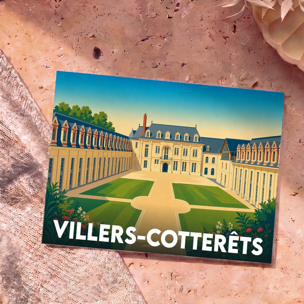 Carte postale souvenir de la ville de Villers-Cotterêts avec une illustration stylisée de son château.