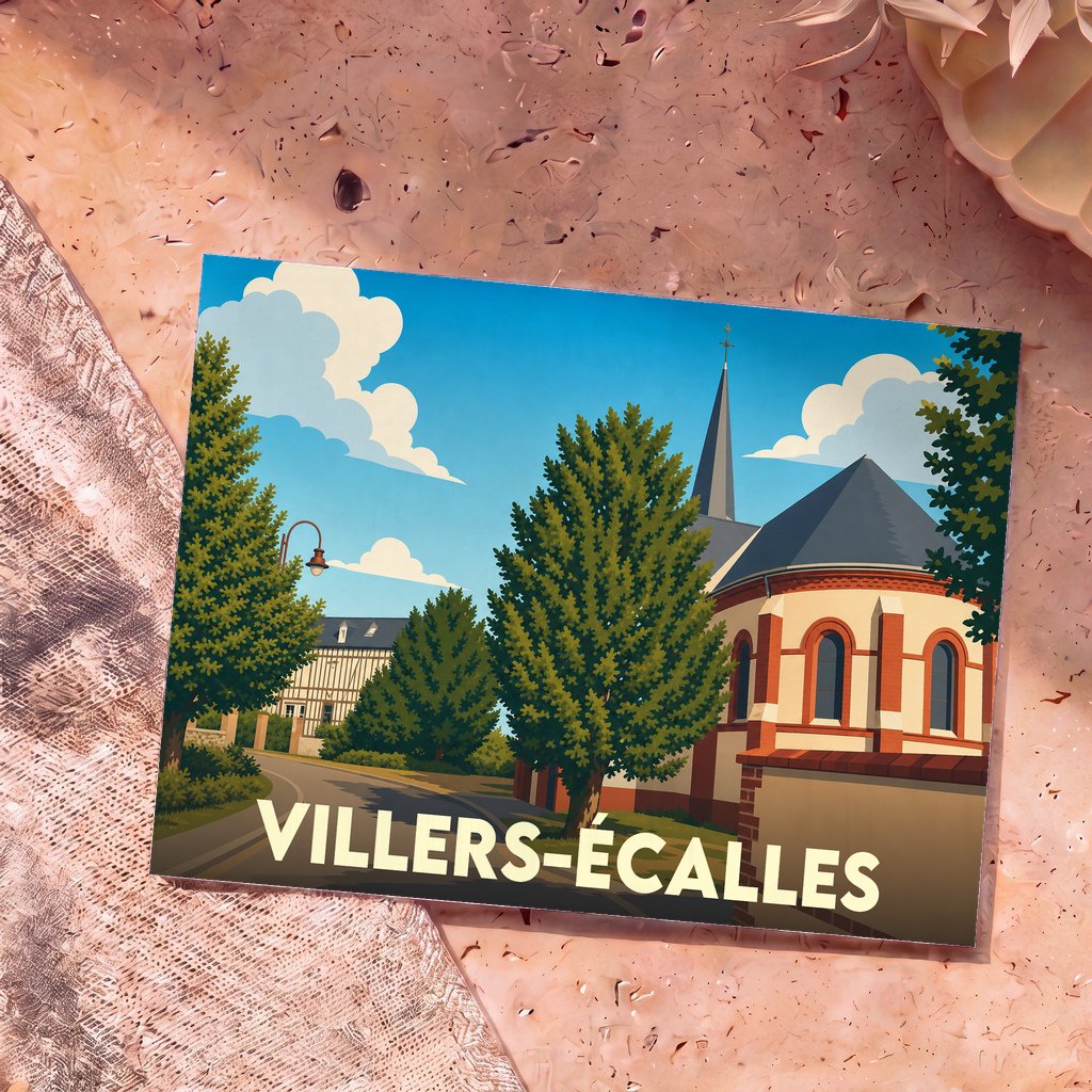 Carte postale souvenir de la ville de Villers-Écalles avec une illustration stylisée.