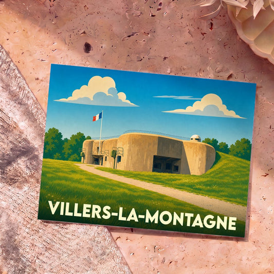 Carte postale souvenir de la ville de Villers-la-Montagne illustrant un ouvrage de la ligne Maginot dans un style épuré.