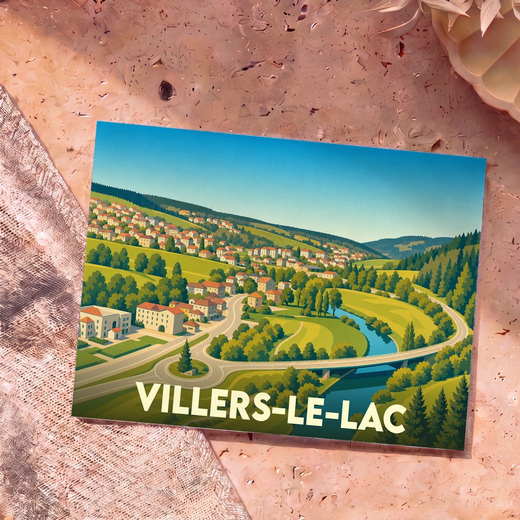 Carte postale souvenir de la ville de Villers-le-Lac avec une illustration stylisée de ses paysages.
