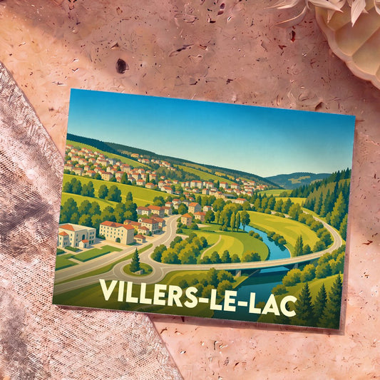 Carte postale souvenir de la ville de Villers-le-Lac avec une illustration stylisée de ses paysages.