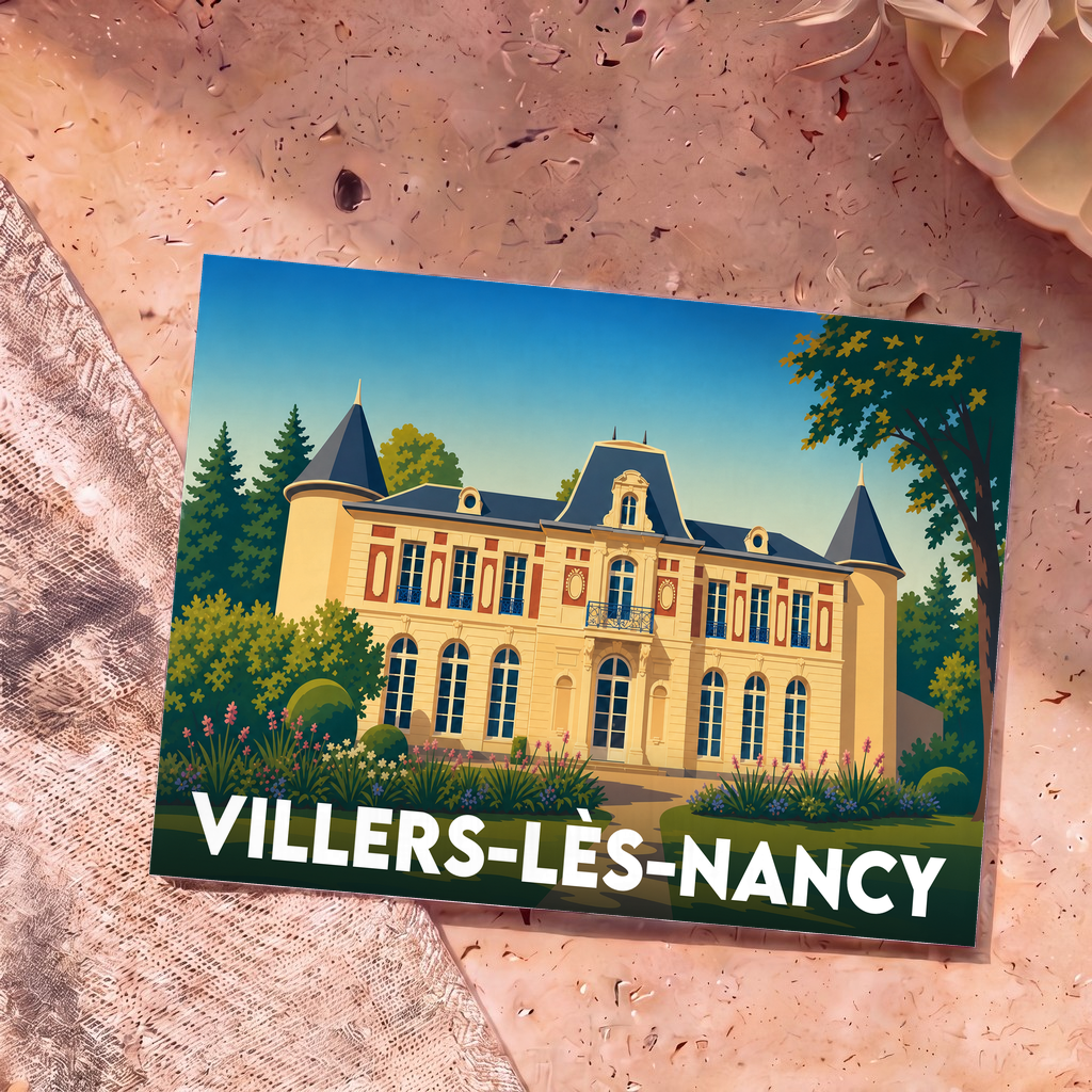 Carte postale souvenir de Villers-lès-Nancy illustrant un château de style classique dans un jardin arboré.