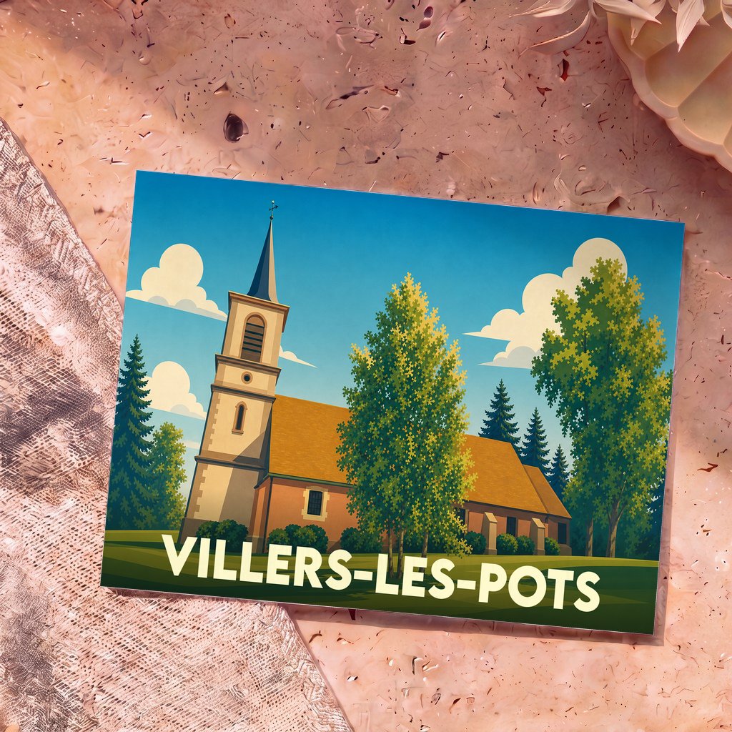 Carte postale souvenir de la ville de Villers-les-Pots avec une illustration stylisée de son église.