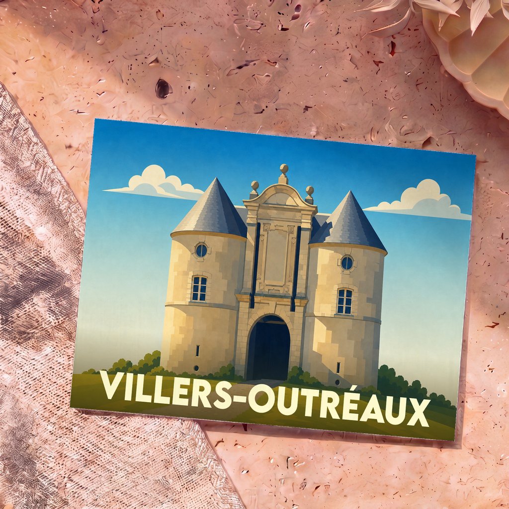 Carte postale souvenir de la ville de Villers-Outréaux illustrant sa porte monumentale dans un style graphique épuré.