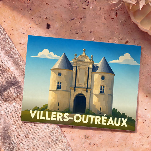 Carte postale souvenir de la ville de Villers-Outréaux illustrant sa porte monumentale dans un style graphique épuré.