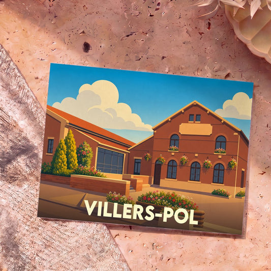 Carte postale souvenir de la ville de Villers-Pol avec une illustration stylisée d'un bâtiment en briques fleuri sous un ciel azur.