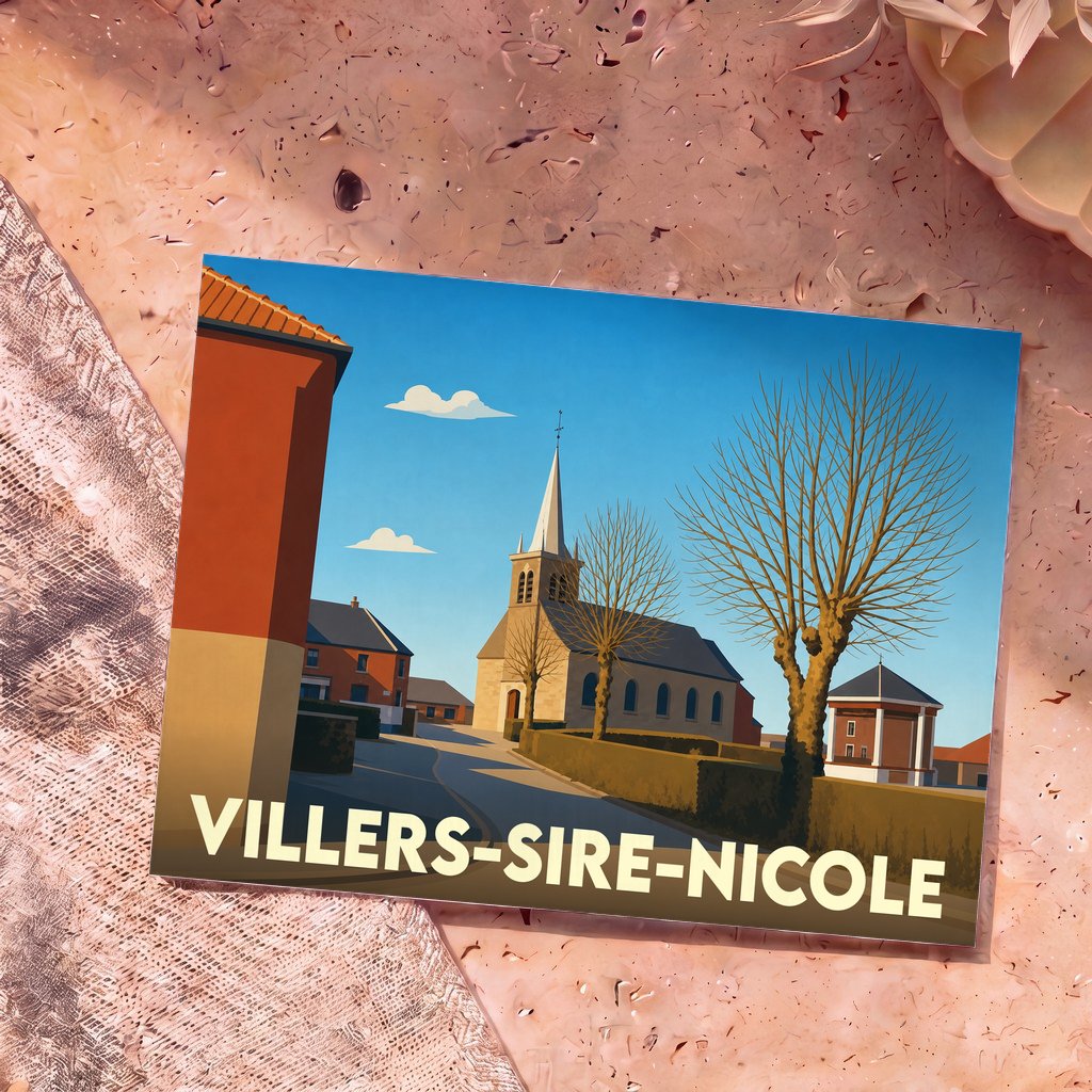 Carte postale souvenir de la ville de Villers-Sire-Nicole illustrée d'une vue stylisée de l'église et du village sous un ciel bleu.
