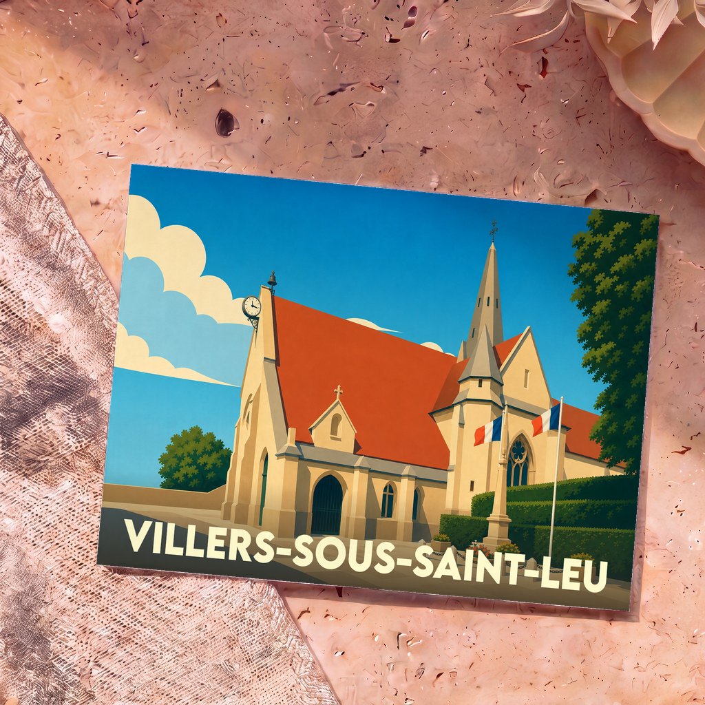Carte postale souvenir de la ville de Villers-sous-Saint-Leu présentant une illustration stylisée de son église sous un ciel bleu.