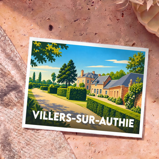 Carte postale souvenir de la ville de Villers-sur-Authie avec une illustration stylisée d'un domaine fleuri.