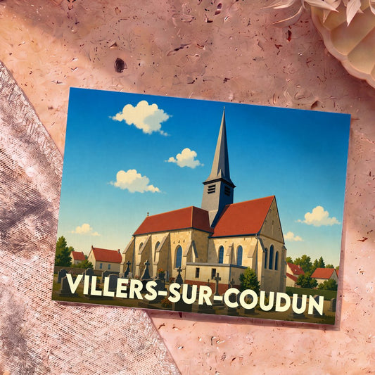 Carte postale souvenir de Villers-sur-Coudun illustrant l'église et son cimetière dans un style graphique épuré.