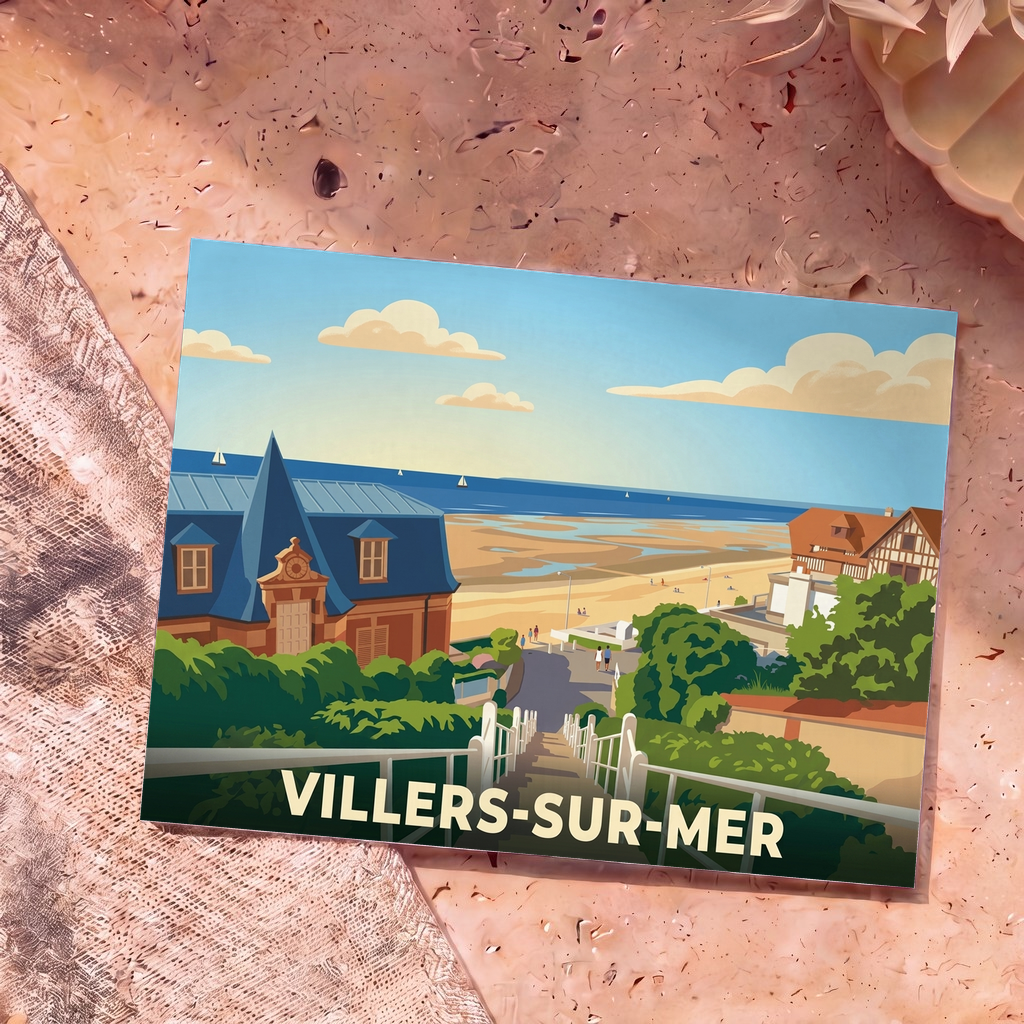 Carte postale souvenir de la ville de Villers-sur-Mer avec une illustration stylisée du bord de mer.