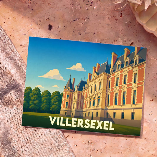 Carte postale souvenir de la ville de Villersexel représentant son château avec une illustration stylisée.