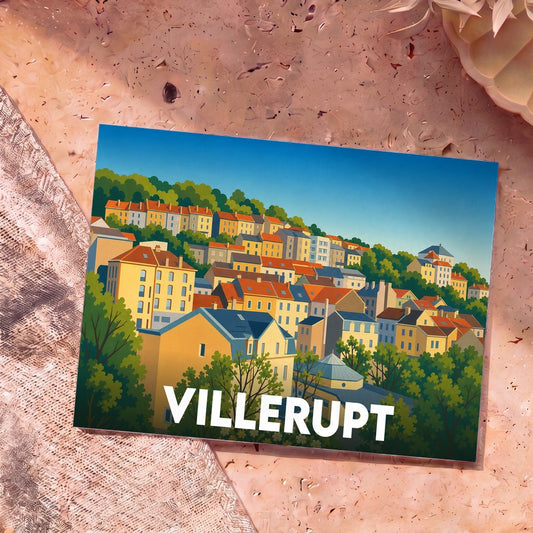 Carte postale souvenir de la ville de Villerupt avec une illustration colorée et stylisée de ses maisons en relief.